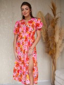 Rochie florala cu volane, roz si portocaliu 8107 - Magazin online - Boutique